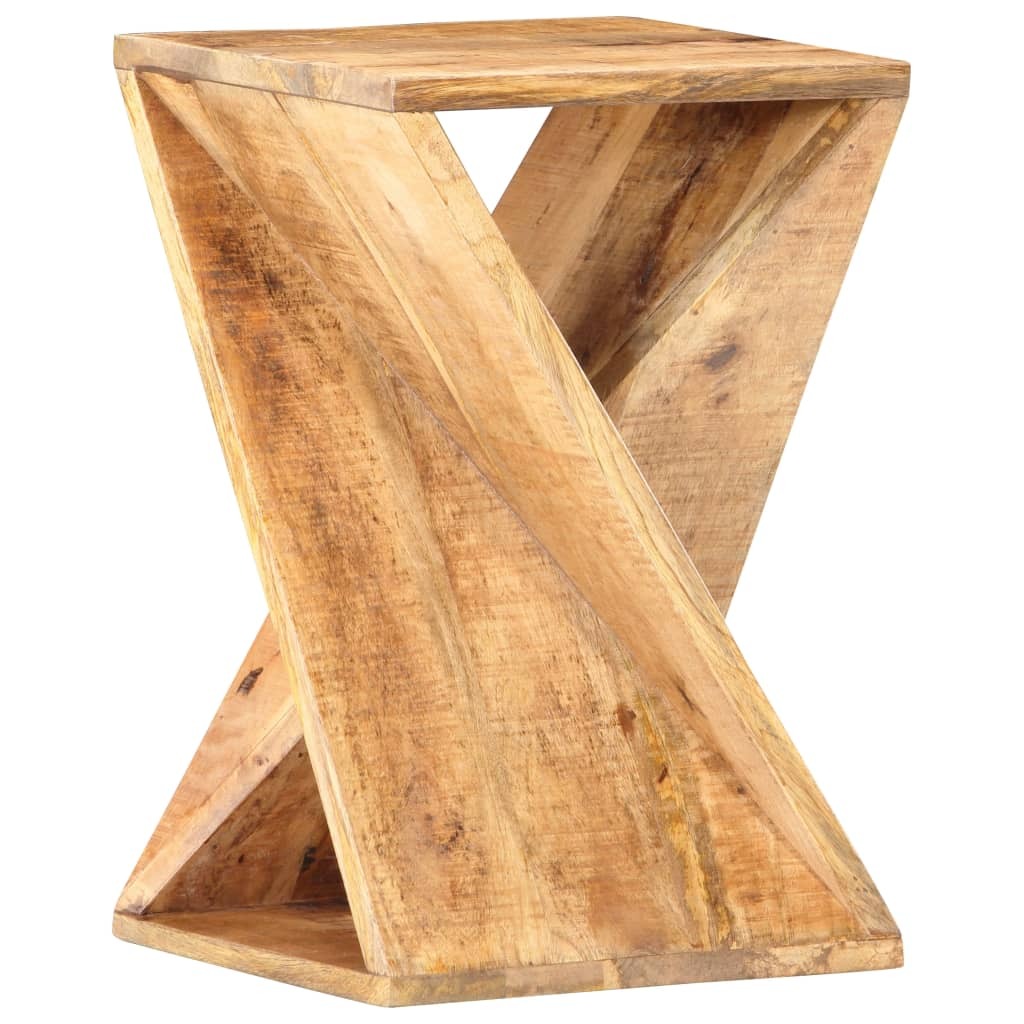 Wooden side table with a geometric design on a white background
