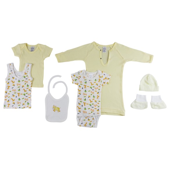 Collection of baby clothes including shirts, a bib, and a hat on a white background