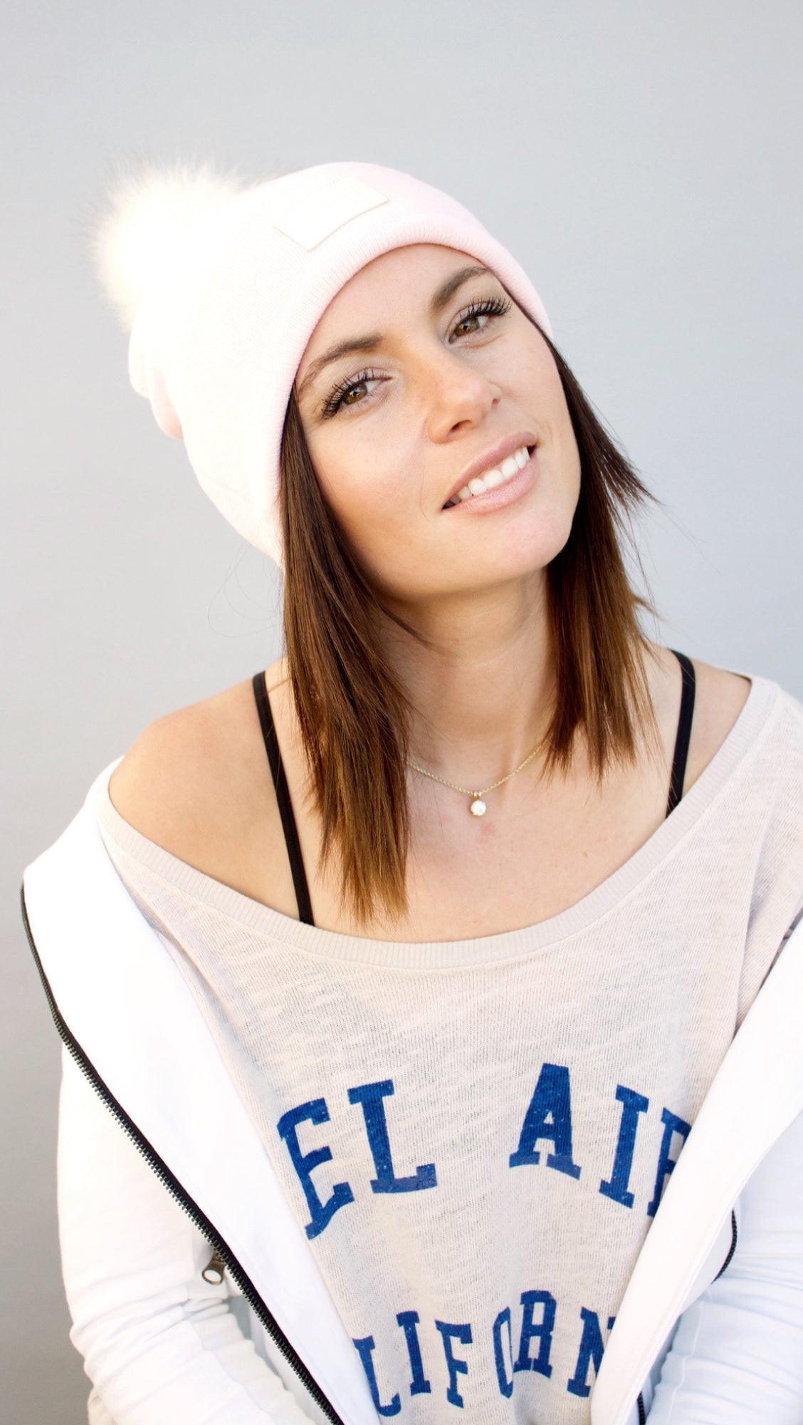 Fur Pom Beanie Hat - Light Pink-1