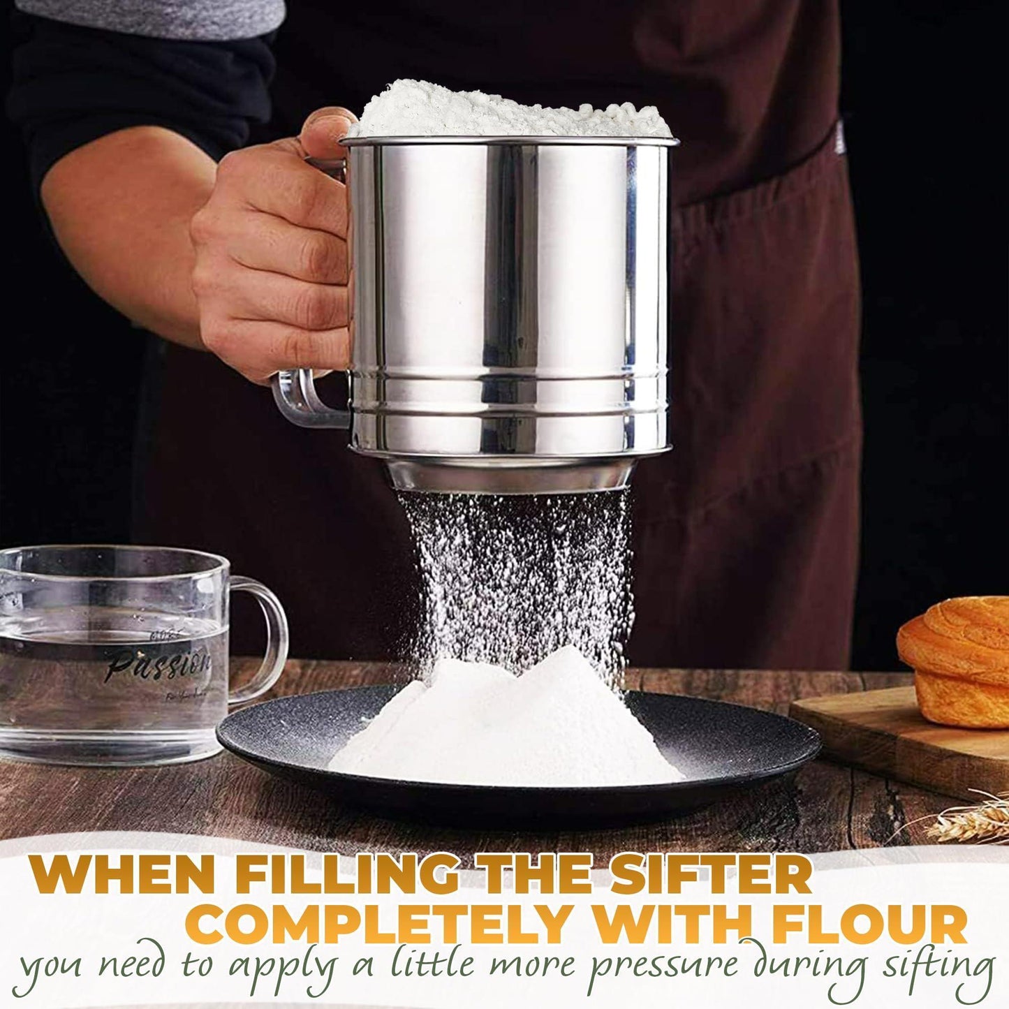 5 Cup Flour Sifter for Baking – Large Capacity Flour Sifter Stainless Steel (5.1 x 5.1 ) with Double Mesh – One Hand Operation Designed for Quick & Easy Sifting