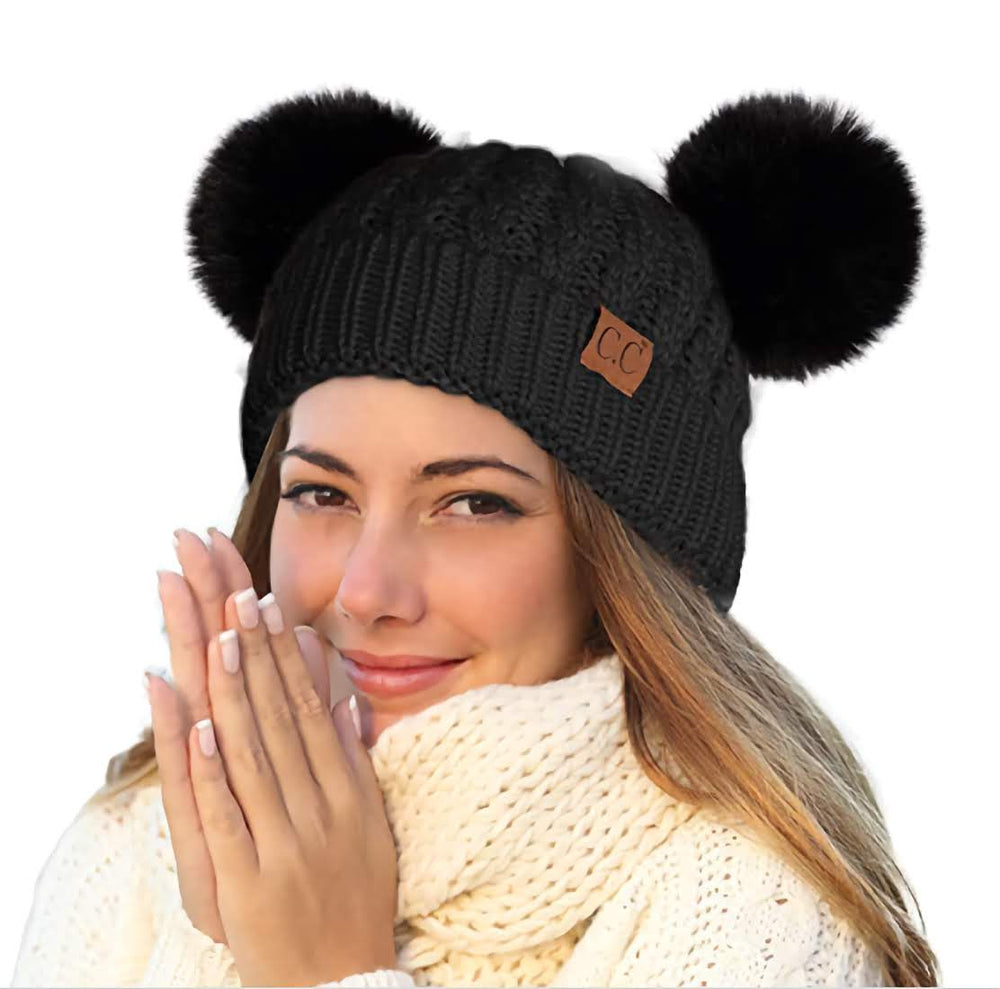 Women's C.C Beanie Solid Winter Double Pom Pom Beanie Hat (HAT2055, HAT2055-S) - Scarvesnthangs