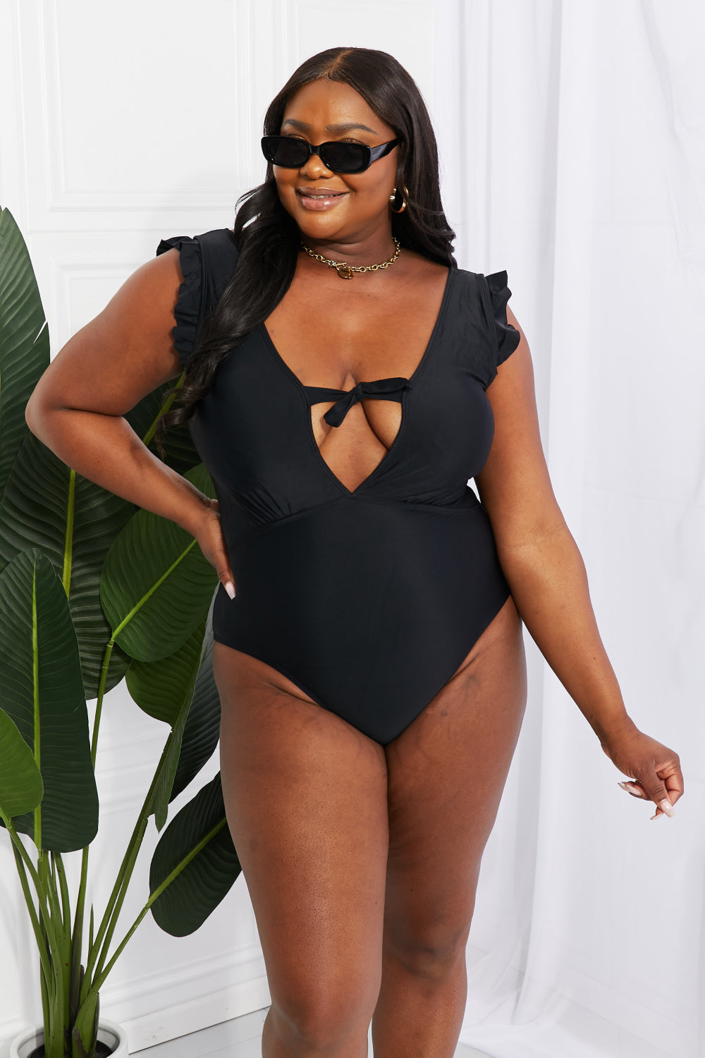Marina West Swim Seashell Ruffle Sleeve One-Piece in Black - Scarvesnthangs