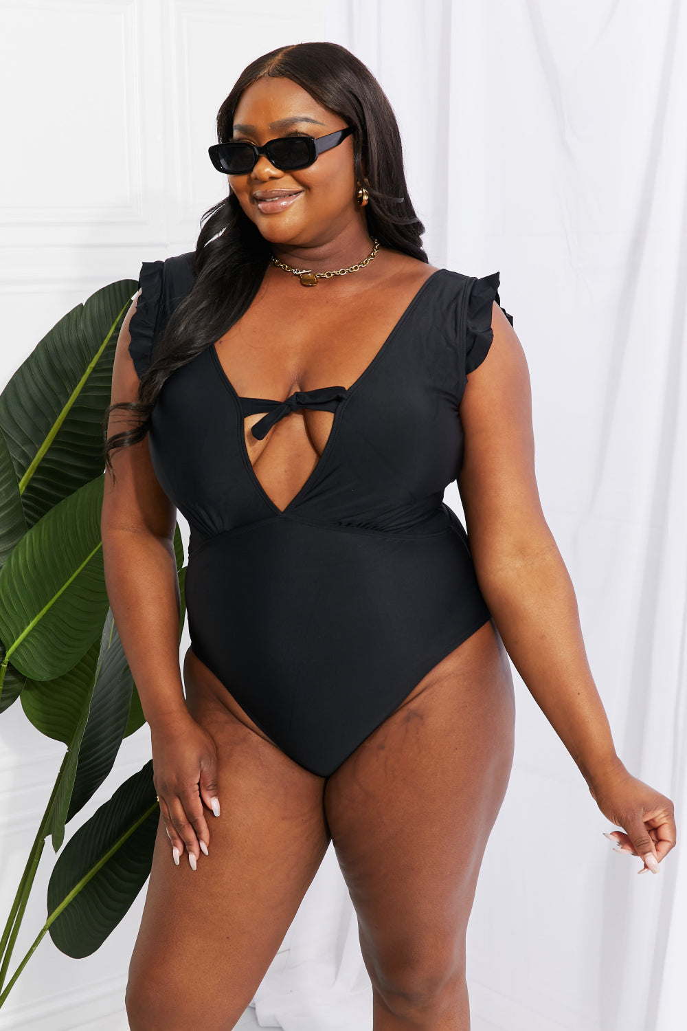 Marina West Swim Seashell Ruffle Sleeve One-Piece in Black - Scarvesnthangs