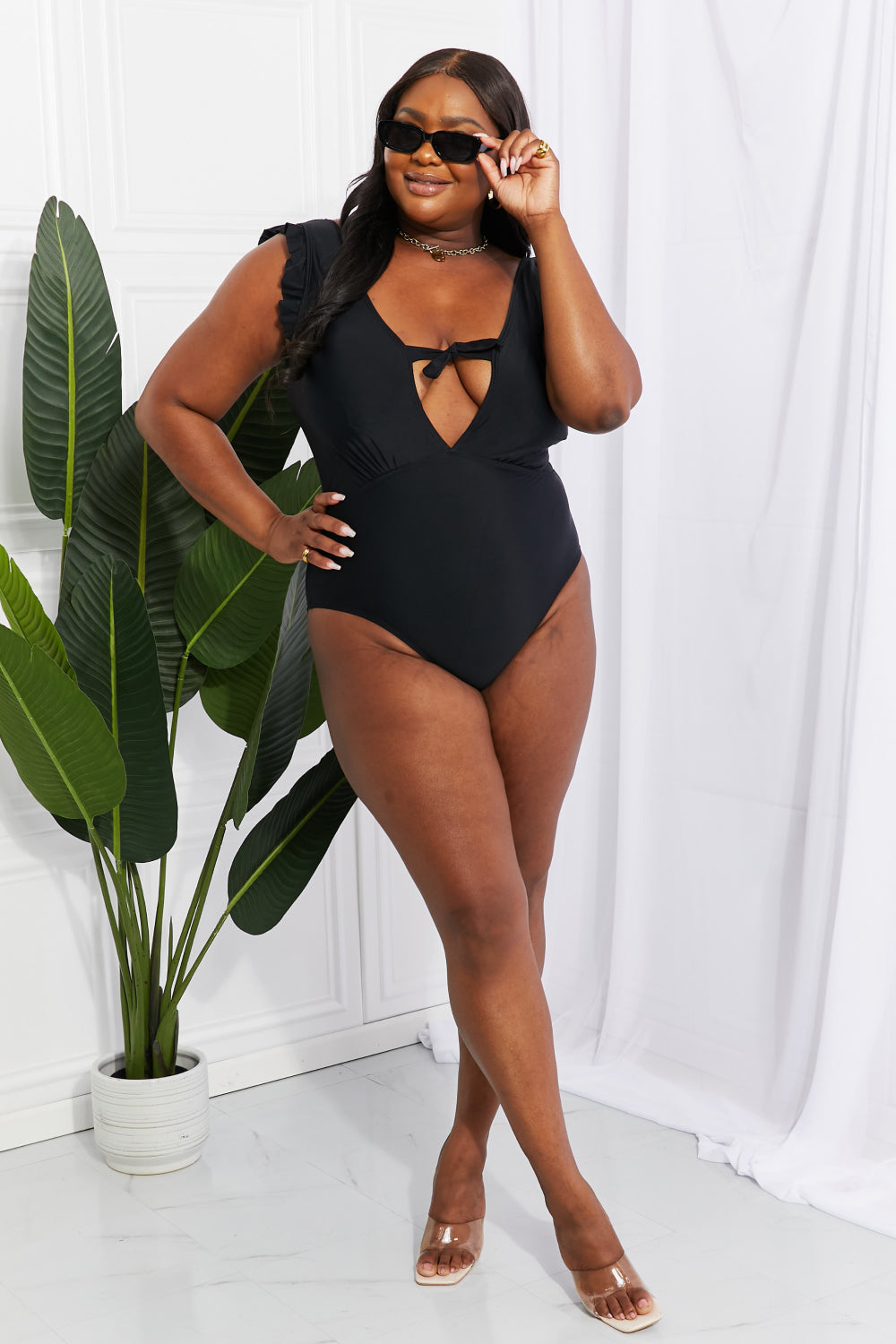 Marina West Swim Seashell Ruffle Sleeve One-Piece in Black - Scarvesnthangs