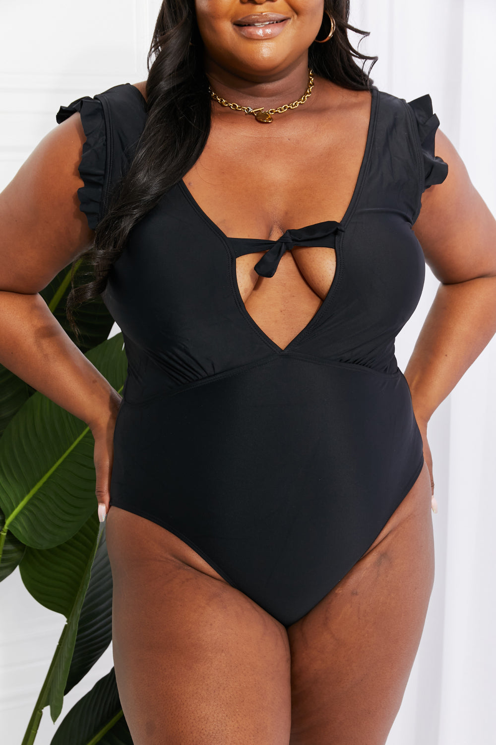 Marina West Swim Seashell Ruffle Sleeve One-Piece in Black - Scarvesnthangs