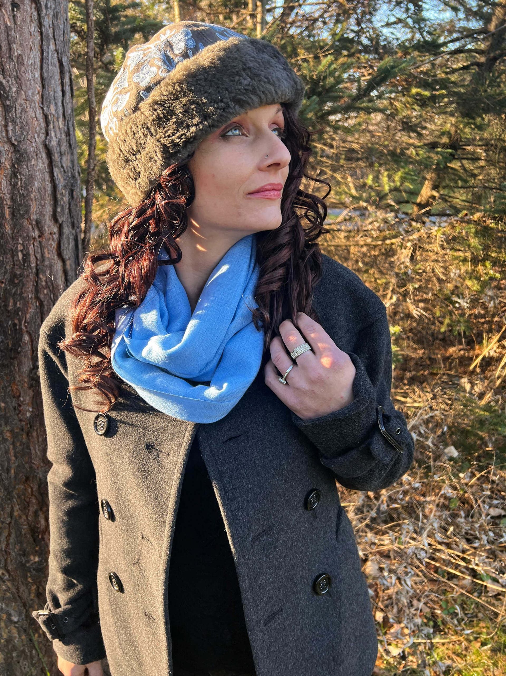 Handmade Suede Grey and Blue Embroidered Hat-1