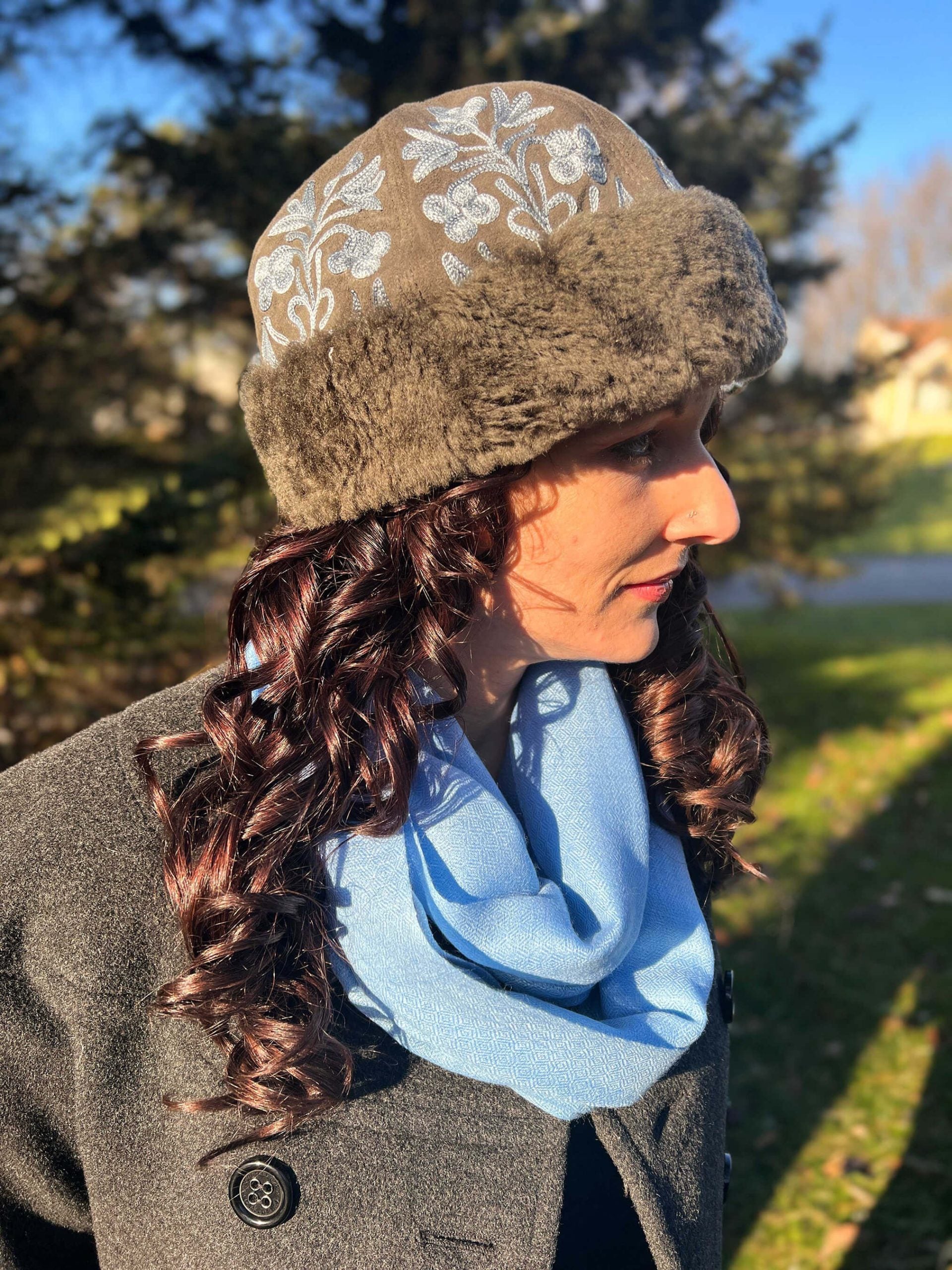 Handmade Suede Grey and Blue Embroidered Hat-0