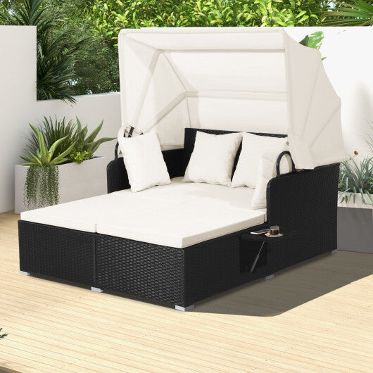 Patio Rattan Daybed with Retractable Canopy and Side Tables-Off White - Scarvesnthangs