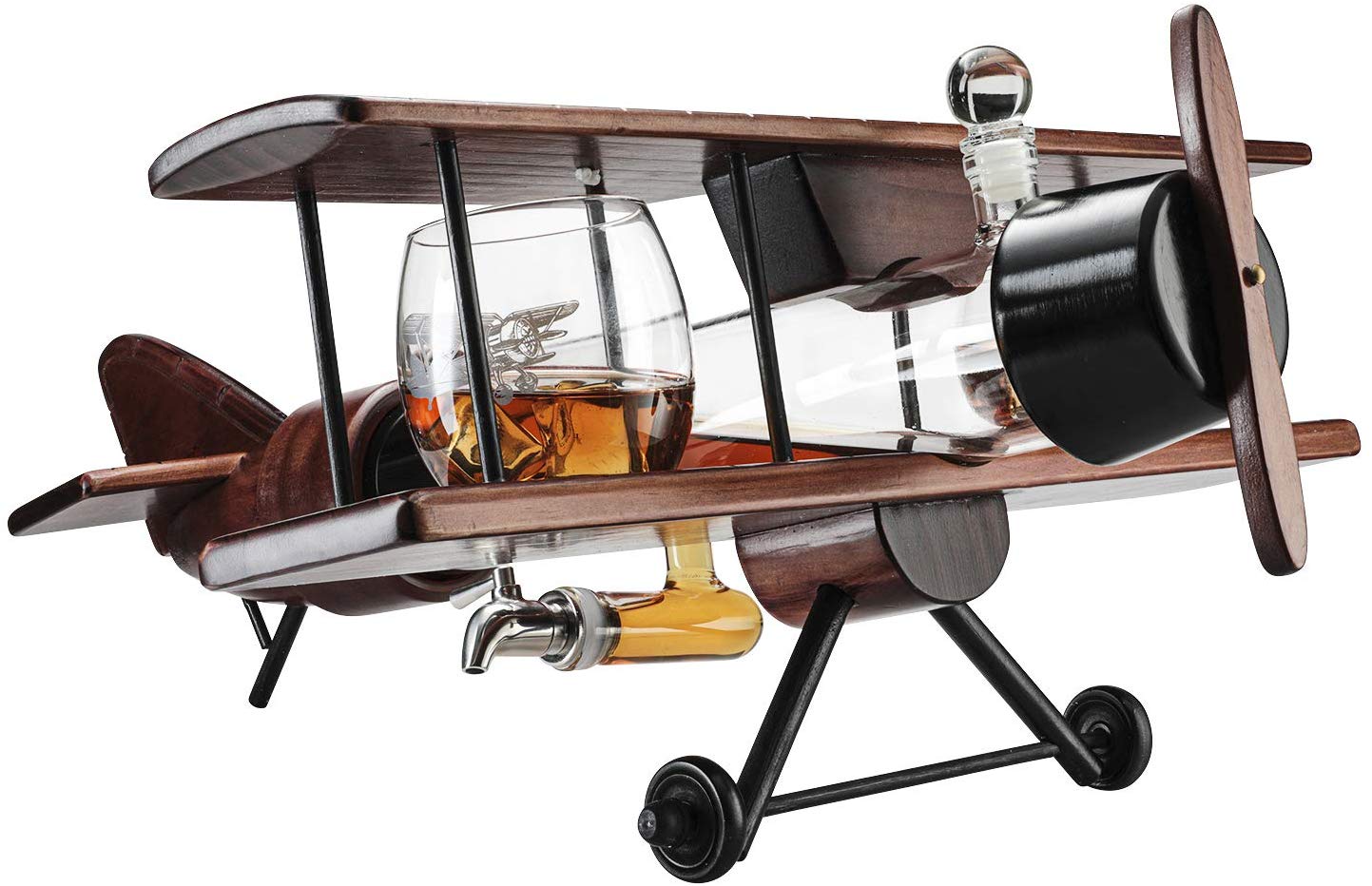 Whiskey & Wine Decanter Airplane Set and Glasses Antique Wood Airplane - The Wine Savant Whiskey Gift Set and 2 Airplane Glasses, Pilot Gift Moving Parts- Alcohol Related Gift, BAR DECOR Large 21"-6