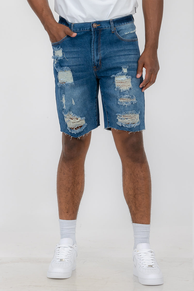 Washed Distressed Denim Shorts-0