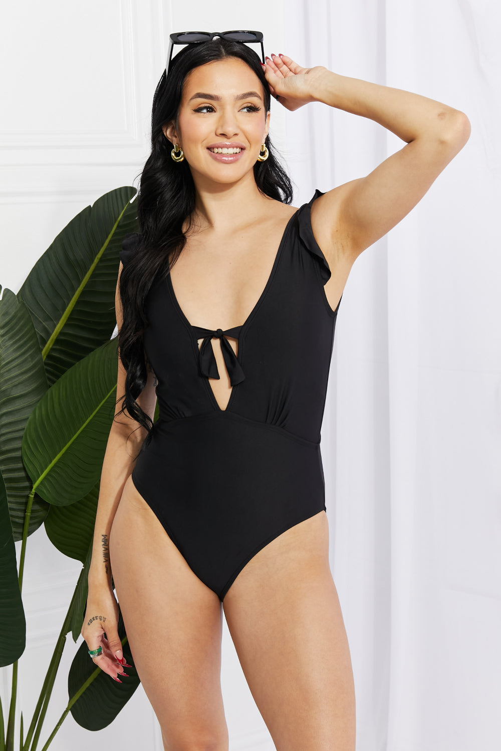 Marina West Swim Seashell Ruffle Sleeve One-Piece in Black - Scarvesnthangs