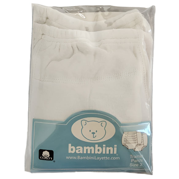 Packaged baby training pants with bambini branding on a neutral background
