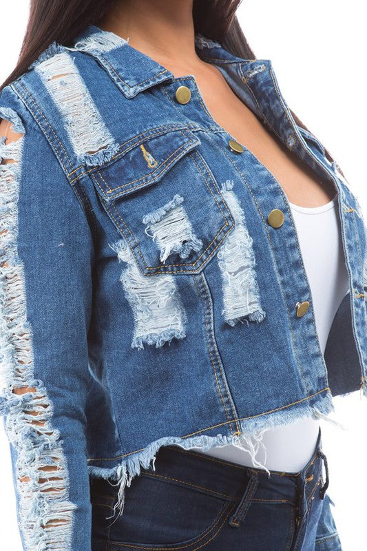 Distressed Cropped Denim Jacket - Scarvesnthangs