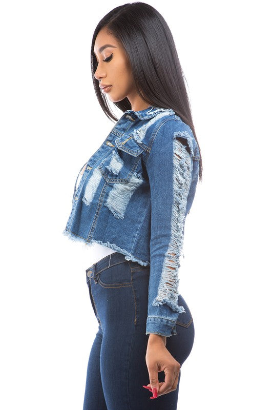 Distressed Cropped Denim Jacket - Scarvesnthangs