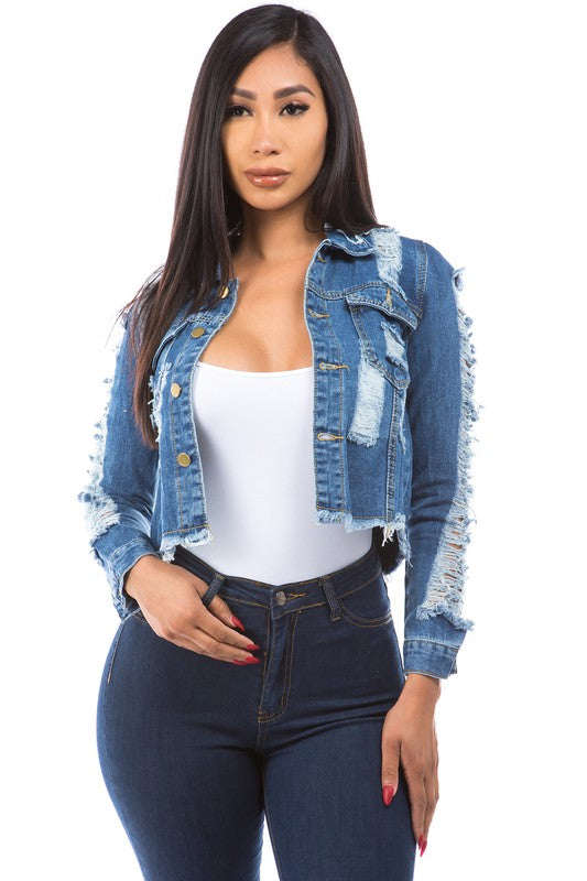 Distressed Cropped Denim Jacket - Scarvesnthangs