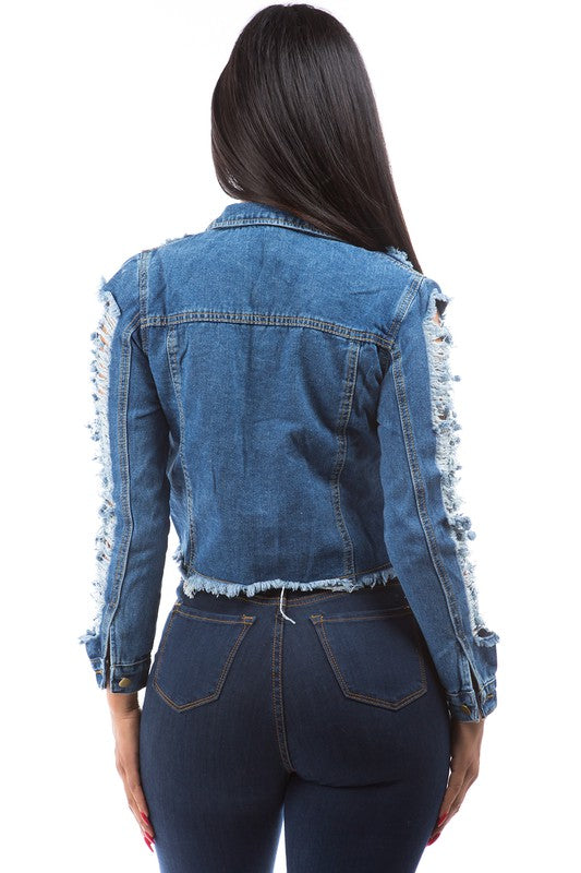 Distressed Cropped Denim Jacket - Scarvesnthangs