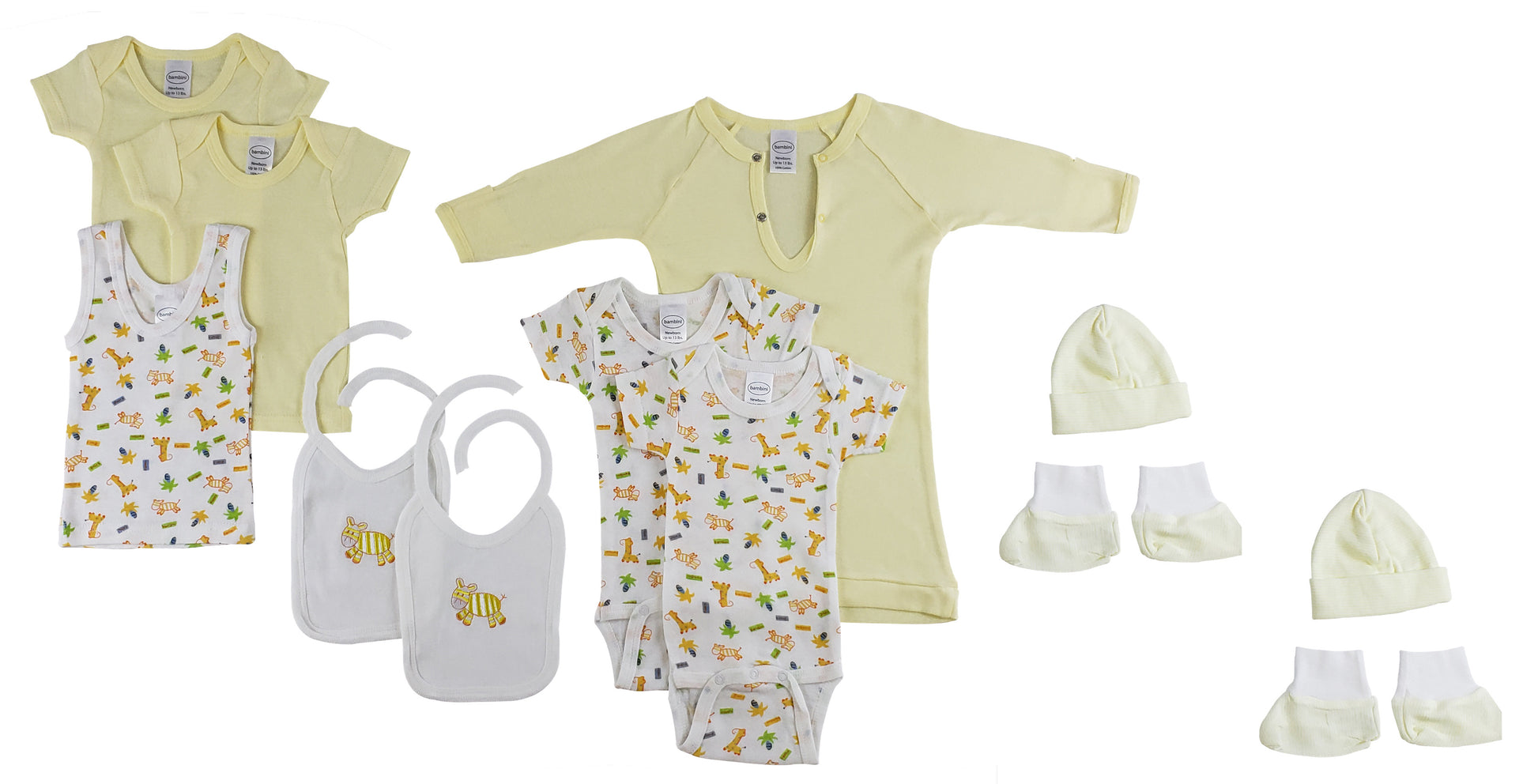 Collection of baby clothes including shirts, pants, a bib, and hats on a white background