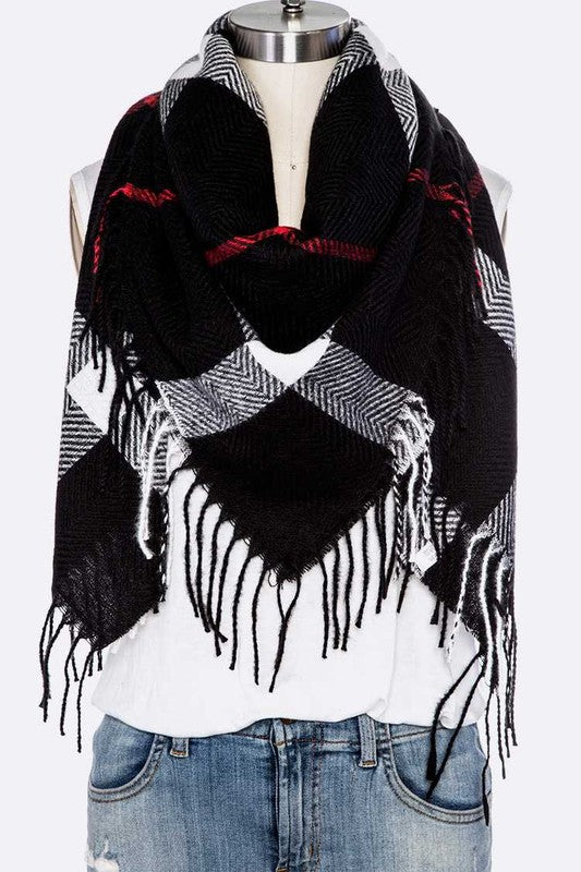 Fringe Soft Plaid Square Scarf