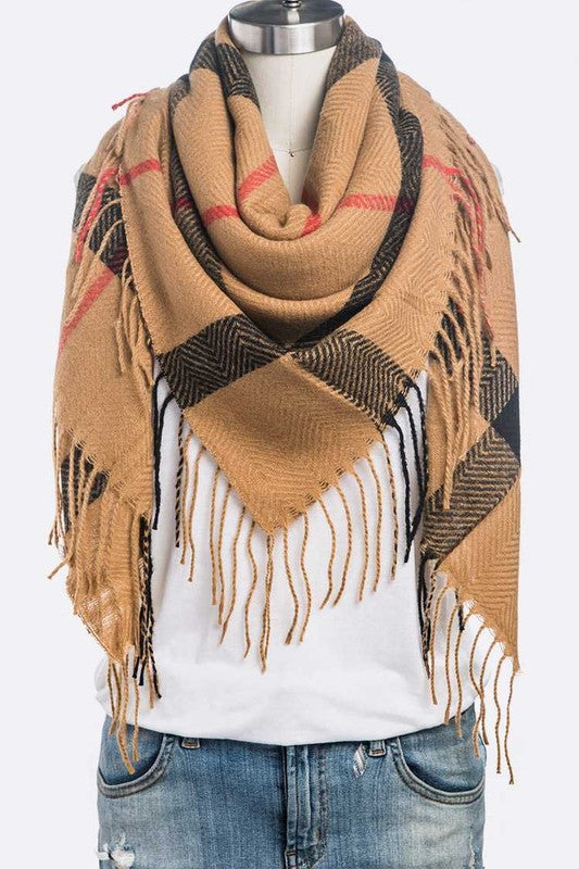 Fringe Soft Plaid Square Scarf