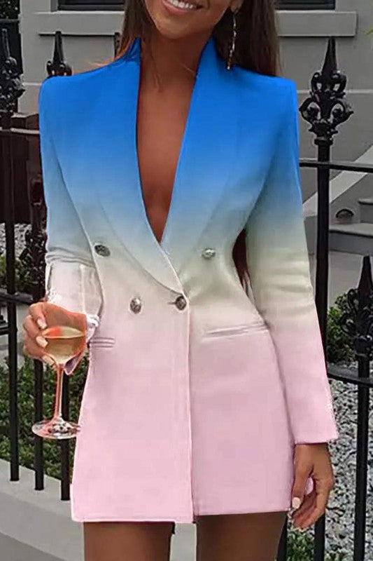 DOUBLE BREASTED OMBRE COLORBLOCK BLAZER DRESS - Scarvesnthangs