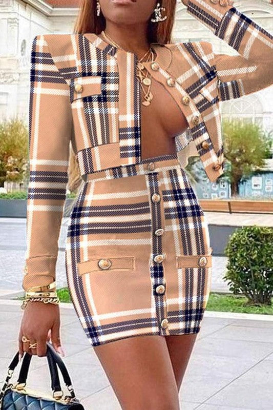 Plaid Print Tweed Coat Buttoned Skirt Set - Scarvesnthangs