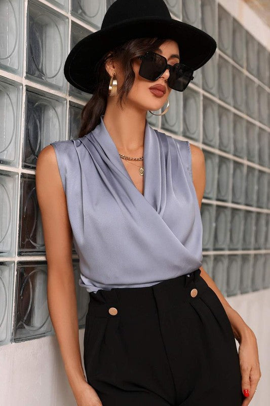 SATIN SOLID SURPLICE FRONT SLEEVELESS BLOUSE - Scarvesnthangs