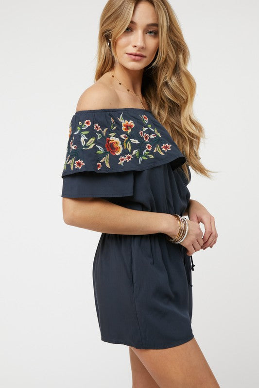 Floral Embroidered Off Shoulder Romper - Scarvesnthangs