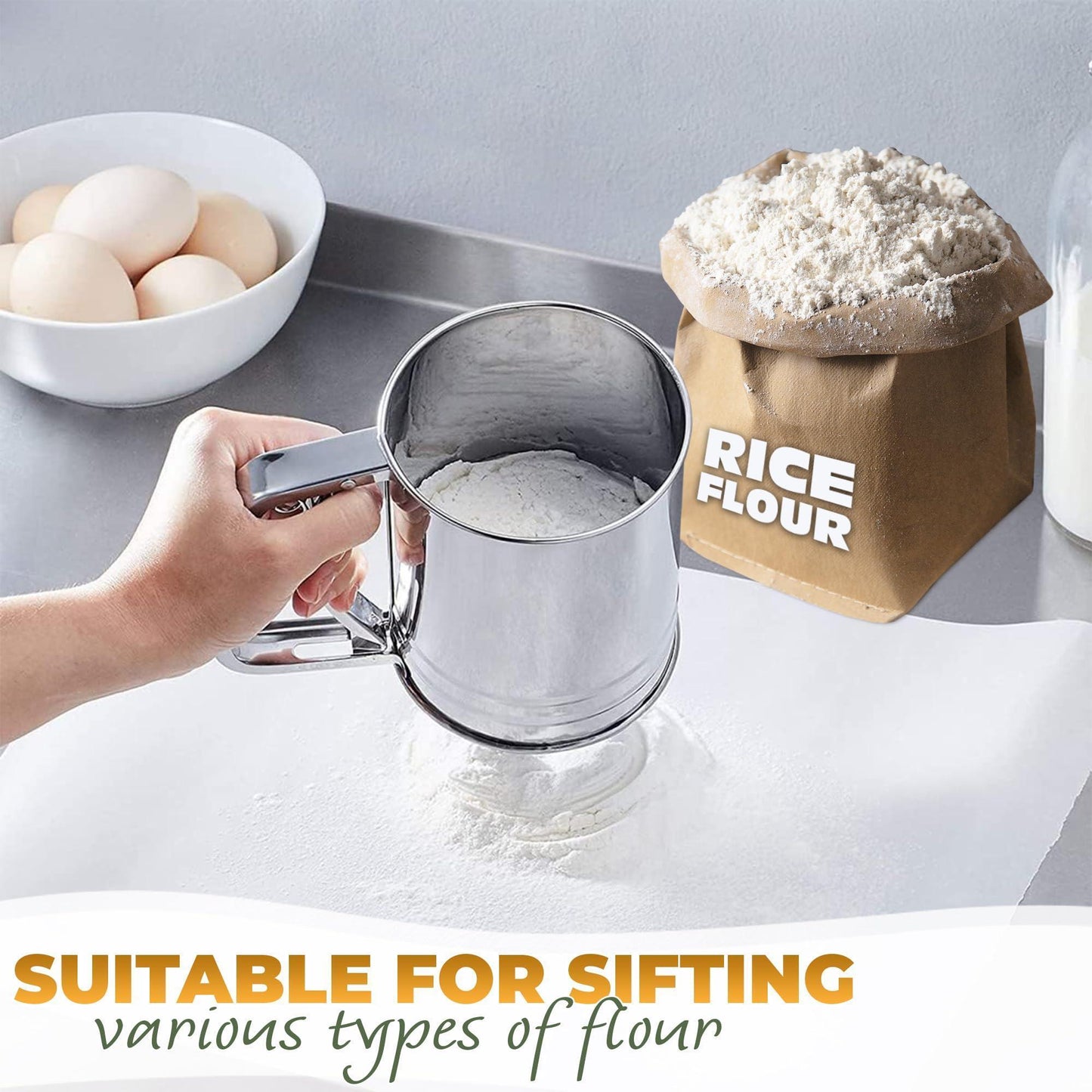 5 Cup Flour Sifter for Baking – Large Capacity Flour Sifter Stainless Steel (5.1  x 5.1 ) with Double Mesh – One Hand Operation Designed for Quick & Easy Sifting