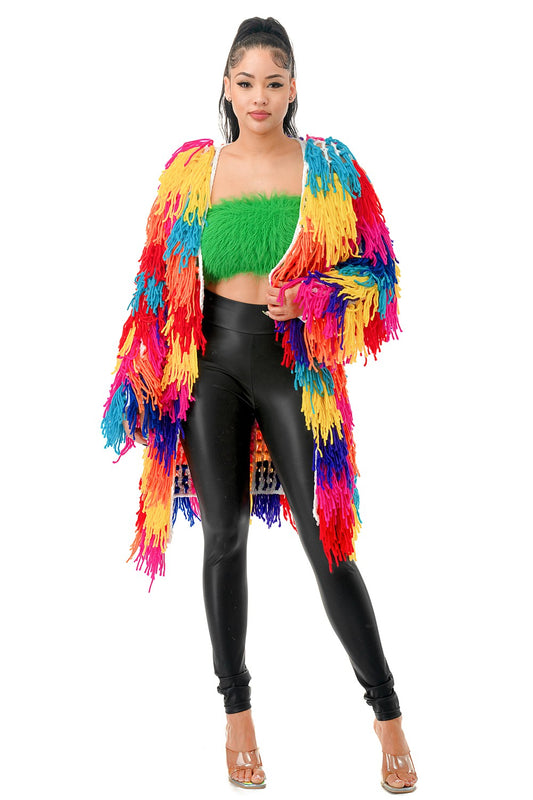 Wildest Dreams Long Shaggy Knit Fringe Multicolor Cardigan - Scarvesnthangs