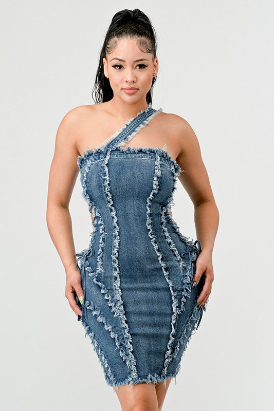 ATHINA DISTRESSED SEWING LINE DENIM MINI DRESS - Scarvesnthangs