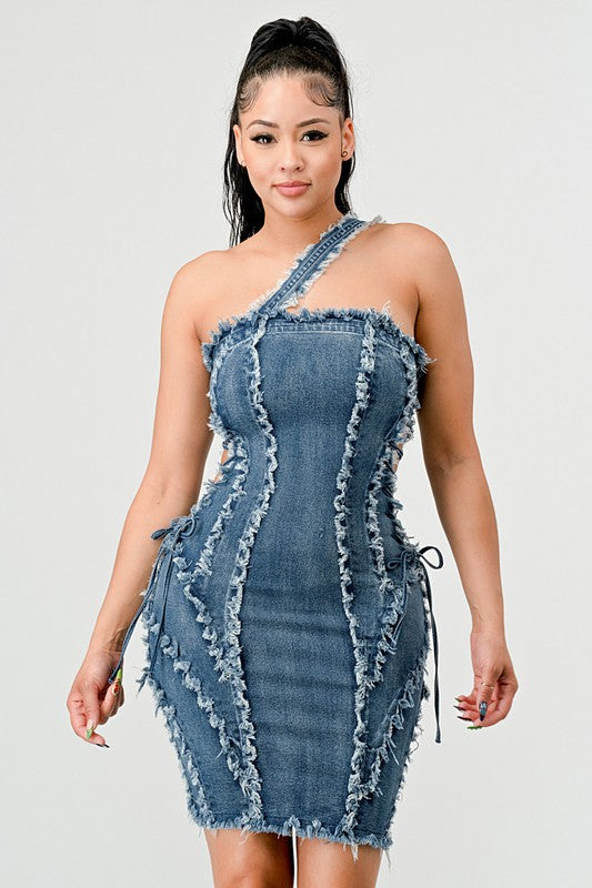 ATHINA DISTRESSED SEWING LINE DENIM MINI DRESS - Scarvesnthangs