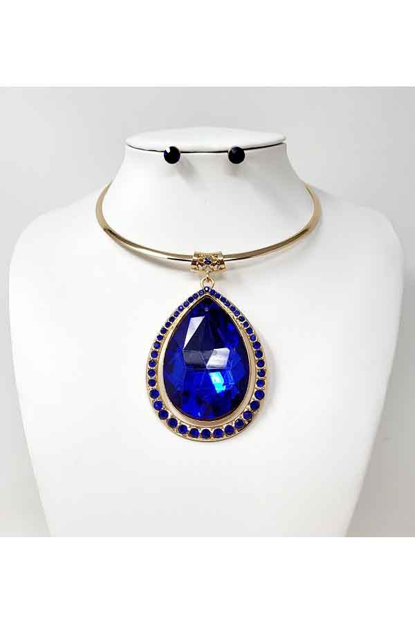 OVER SIZE TEARDROP STONE PENDANT CHOKER NECKLACE-3