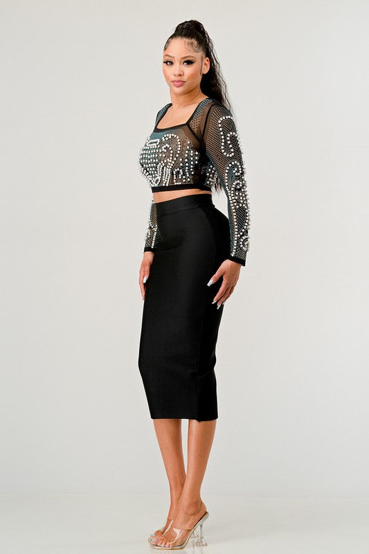 Sexy Mesh Beaded Two Piece Midi Skirt Set - Scarvesnthangs