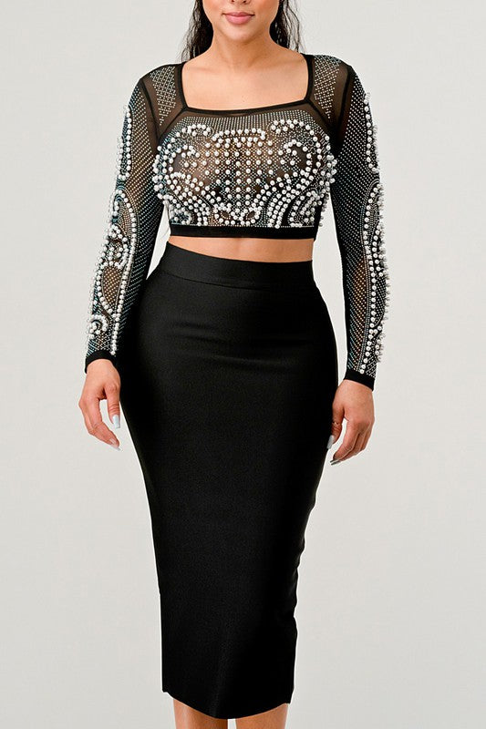 Sexy Mesh Beaded Two Piece Midi Skirt Set - Scarvesnthangs