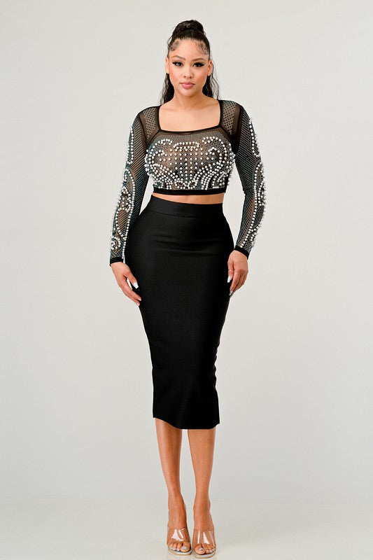 Sexy Mesh Beaded Two Piece Midi Skirt Set - Scarvesnthangs