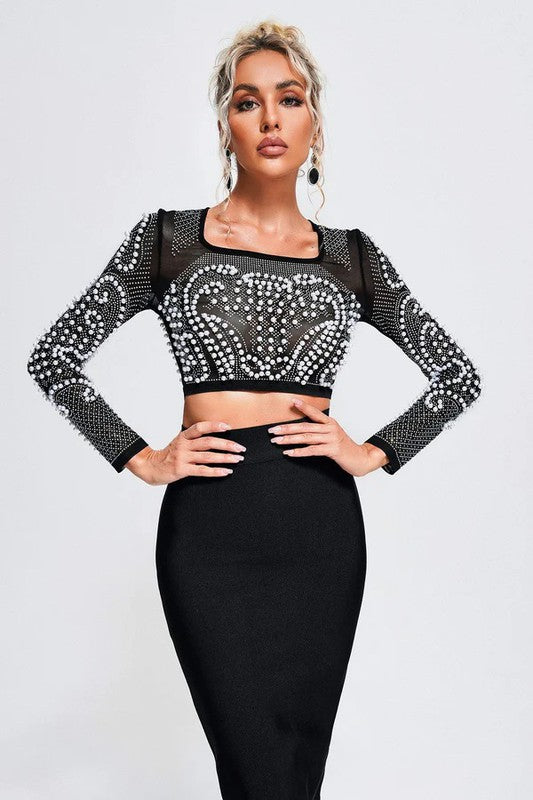 Sexy Mesh Beaded Two Piece Midi Skirt Set - Scarvesnthangs