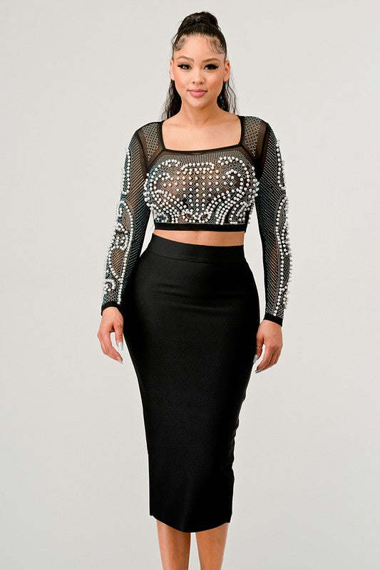 Sexy Mesh Beaded Two Piece Midi Skirt Set - Scarvesnthangs