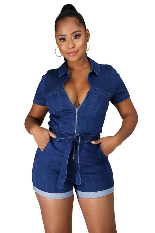 Navy Short Sleeve Sexy Denim Romper - Scarvesnthangs