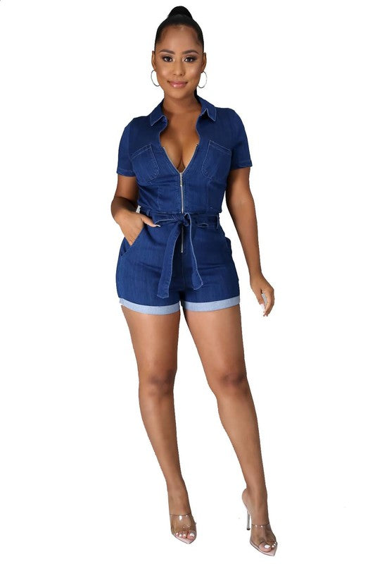 Navy Short Sleeve Sexy Denim Romper - Scarvesnthangs