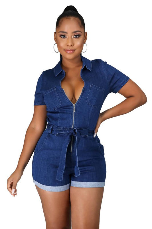 Navy Short Sleeve Sexy Denim Romper - Scarvesnthangs