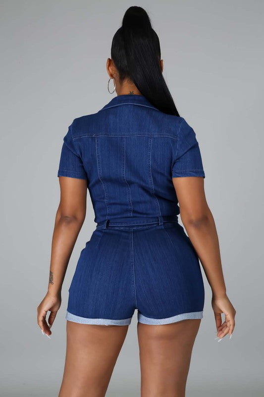 Navy Short Sleeve Sexy Denim Romper - Scarvesnthangs