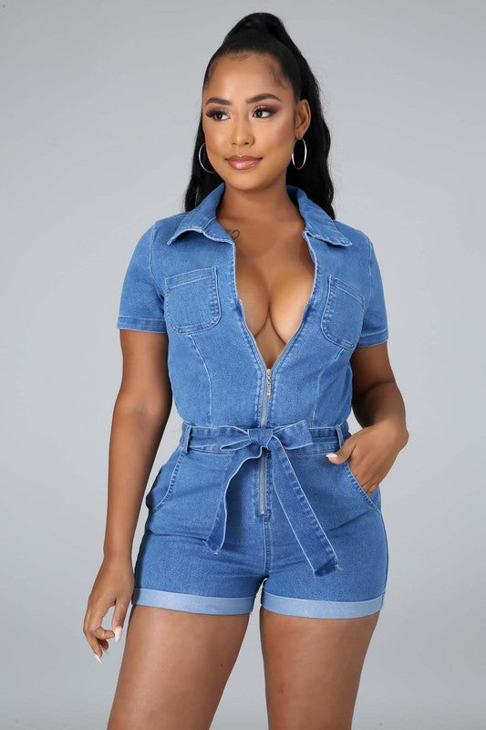 Light Blue Short Sleeve Sexy Denim Romper - Scarvesnthangs