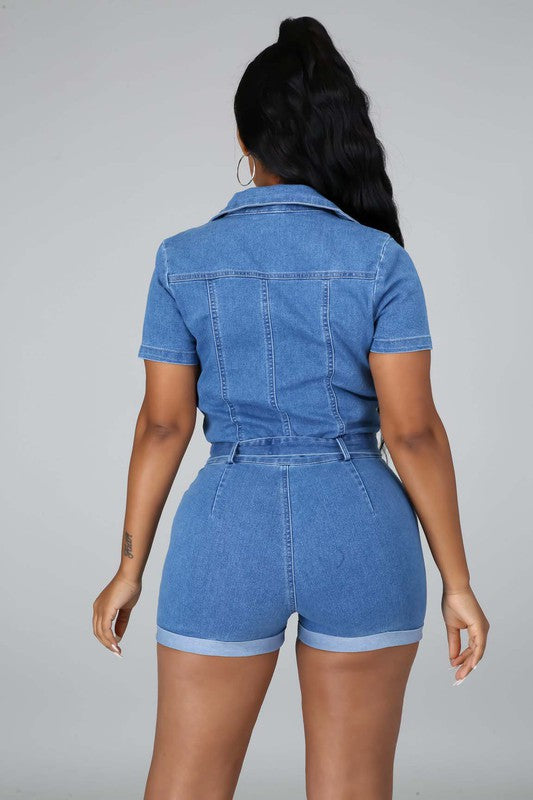 Light Blue Short Sleeve Sexy Denim Romper - Scarvesnthangs