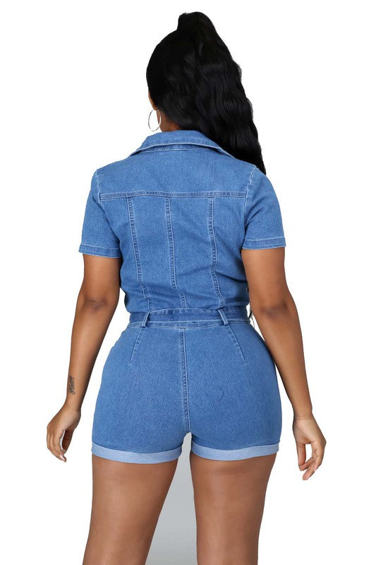 Light Blue Short Sleeve Sexy Denim Romper - Scarvesnthangs