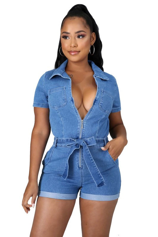 Light Blue Short Sleeve Sexy Denim Romper - Scarvesnthangs