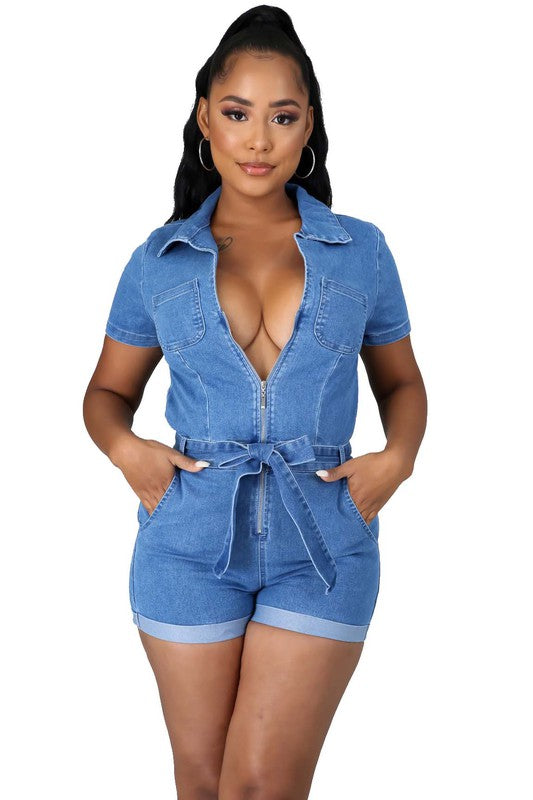 Light Blue Short Sleeve Sexy Denim Romper - Scarvesnthangs