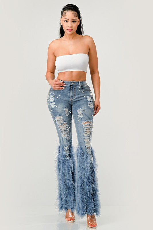 Distressed Pearl Embellished Feather Jeans - Scarvesnthangs
