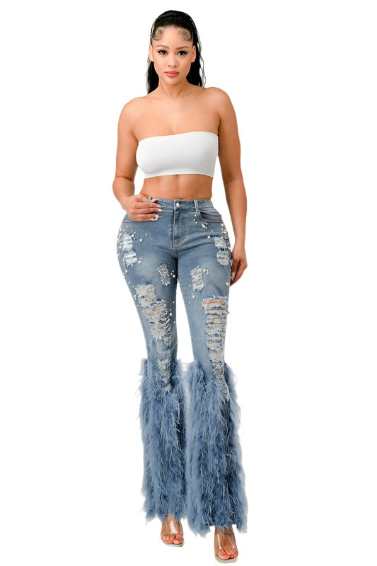 Distressed Pearl Embellished Feather Jeans - Scarvesnthangs