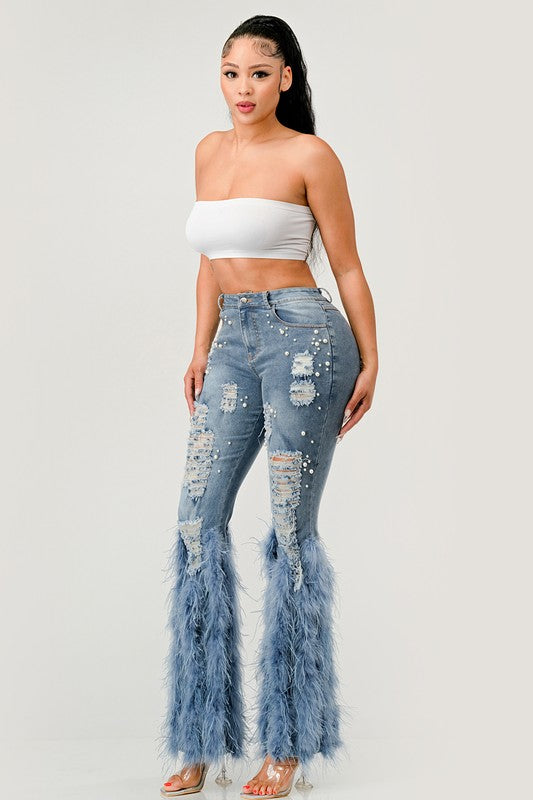 Distressed Pearl Embellished Feather Jeans - Scarvesnthangs