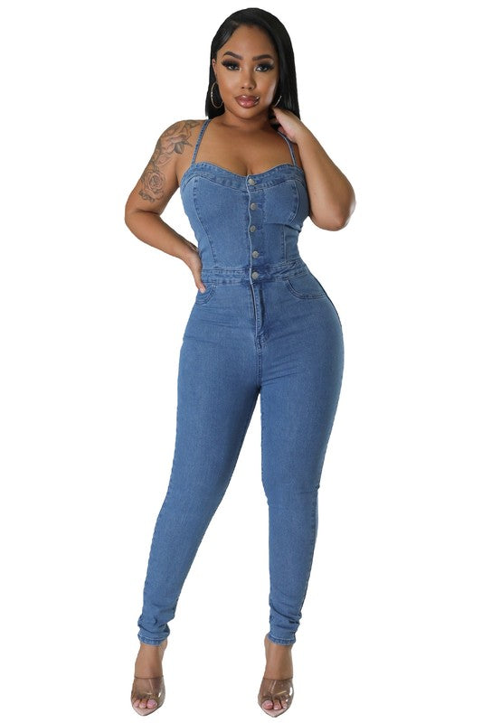 Denita Apple Bomb Denim Jumpsuit - Scarvesnthangs